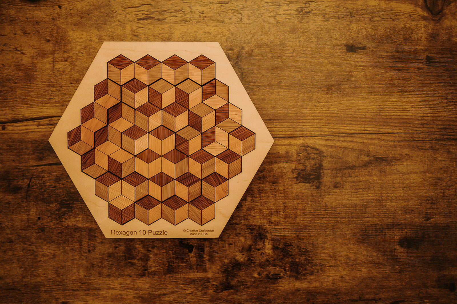 Hexagon 10 wood brain teaser puzzle made USA in hexagon frame alder wood 